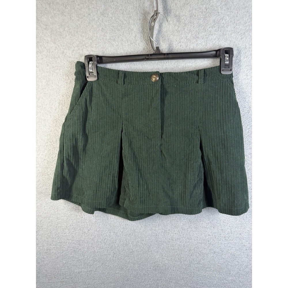 KIRIOUS Culotte Shorts Womens Large Green Corduroy Pleated Skort Pockets Casual
